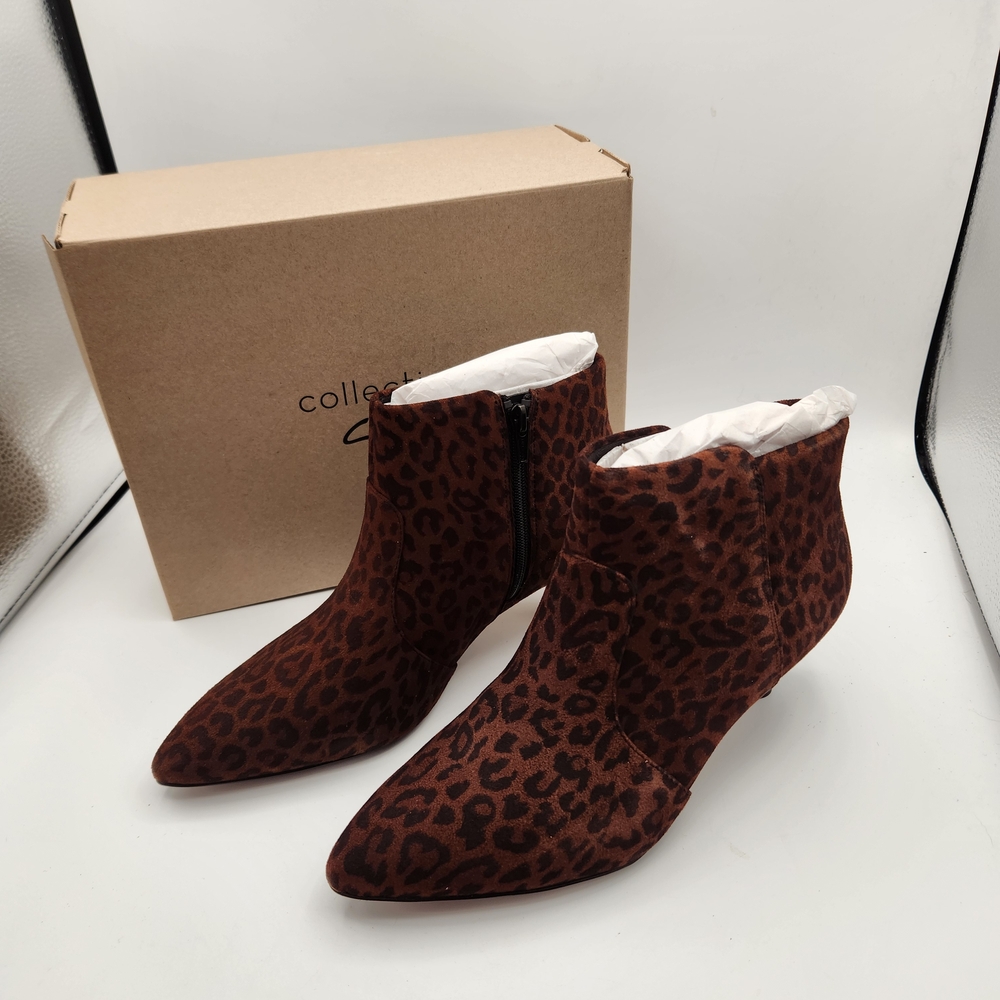 Clarks Brown Leopard Print Ankle Booties, Kitten Heel, Sz 8 Wide, New In Box
